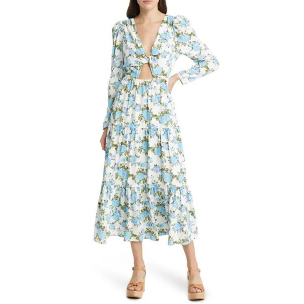 NWOT Charles Henry Floral Twist Front Long Sleeve Midi Dress Ivory Roses L